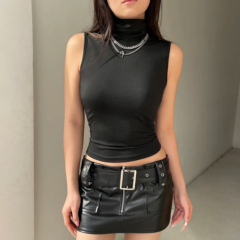 pantsparadises Solid Turtleneck Crop Top Women Sleeveless Skinny Basic Tank Tops y2k Streetwear Ladies Tees Summer Harajuku Vest Casual