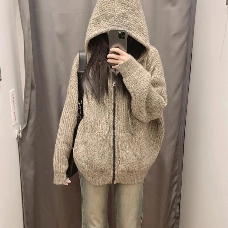 pantsparadises Zipper Hooded Knitted Cardigan Women Harajuku Vintage Knitwear Preppy Style Solid Casual Warm Sweaters Coat Oversize