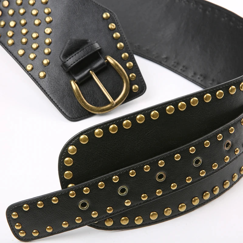 pantsparadises PU Wide Belts Vintage Rivet Pin Buckle Luxury Leather Belt for Women Jeans Waistband y2k Punk Rock Hip Hop Accessories