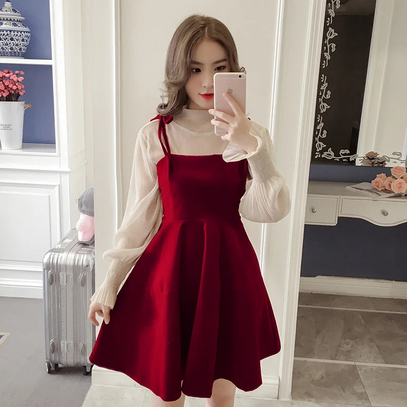 pantsparadises Spring New Elegant Two Piece Dress for Women Women Winter Korean A-Line O-Neck Tops and Black Sundress Streetwear Dress Vestidos