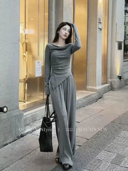 pantsparadises FALL OUTFITS Slash-neck T-shirt Women Based Long-sleeves Asymmetrical Off Shoulder Hot Slim Solid Simple Ladies Korean-style Elegant Trendy