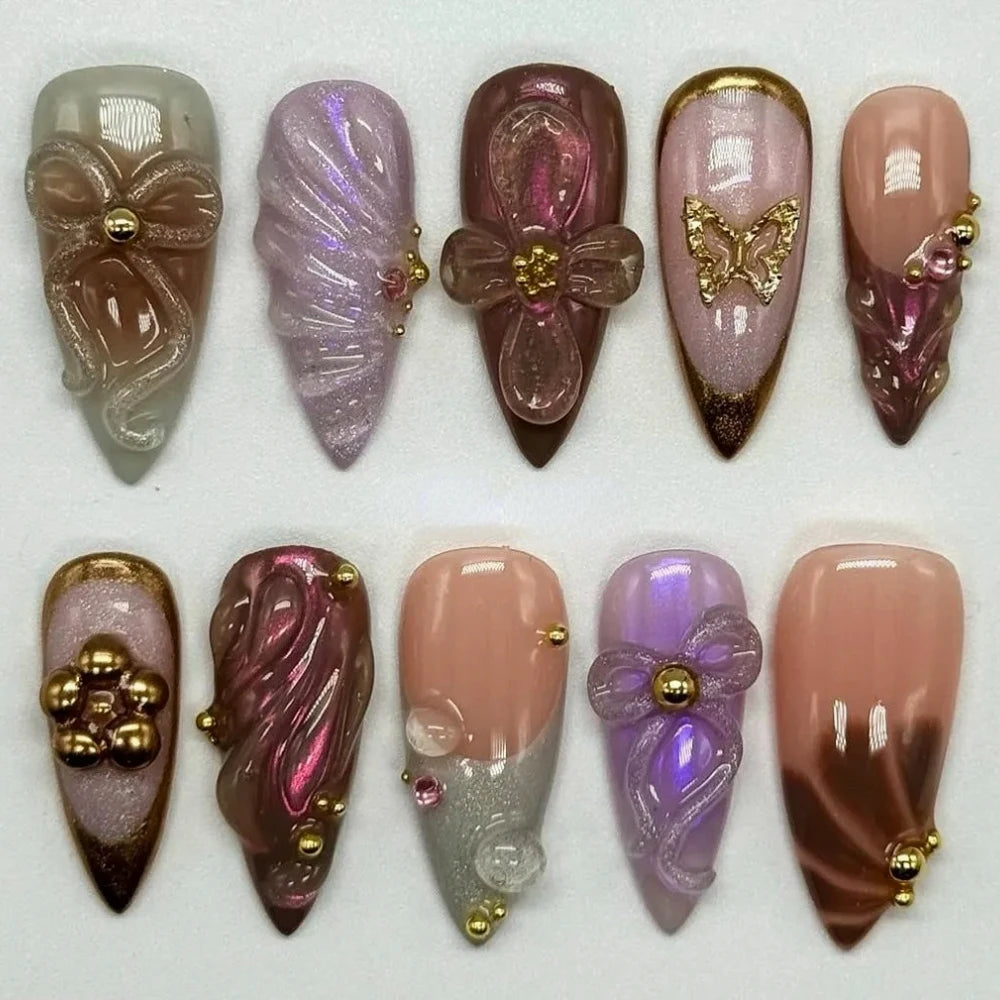 10Pcs Handmade Manicure Medium Almond Fake Nails New Cute Ballet Limited Nails Press On Nails Design with Adhesive Nail File Set