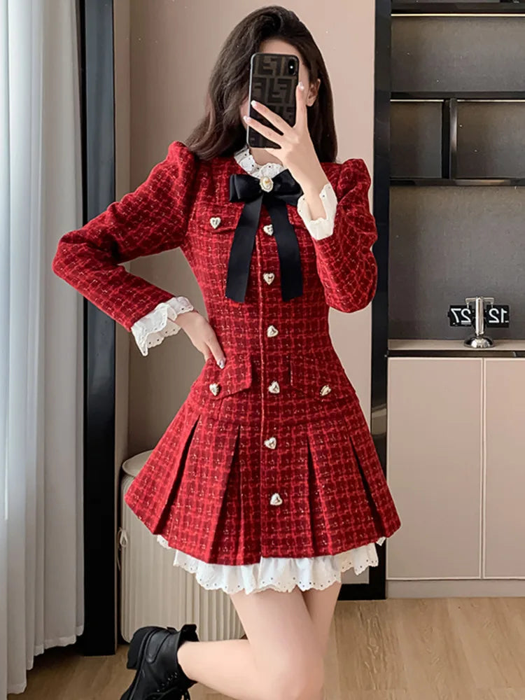 pantsparadises French Light Luxury Tweed Pleated Dress Korean Sweet Long Sleeve Heart-shaped Buckle Ruffle Chic Office Ladies Vintage Dresses