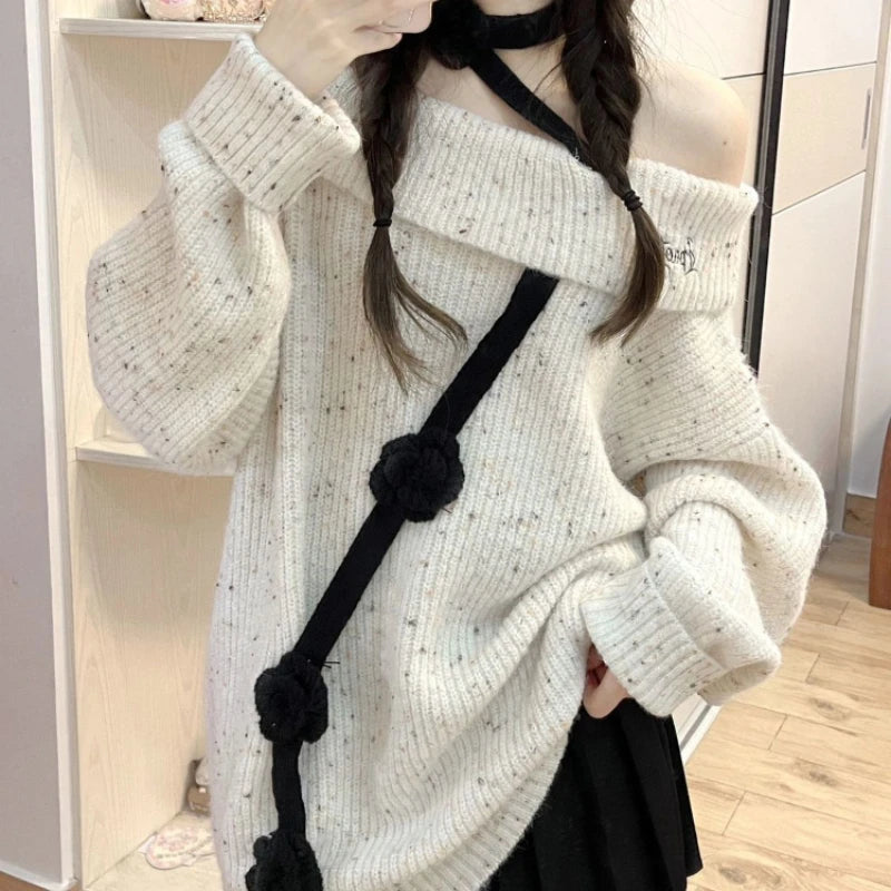 pantsparadises Korean Style Sweet Sweaters Women Sexy Off Shoulder Knitted Pullover Elegant Kawaii Autumn Winter Long Sleeve Sweaters