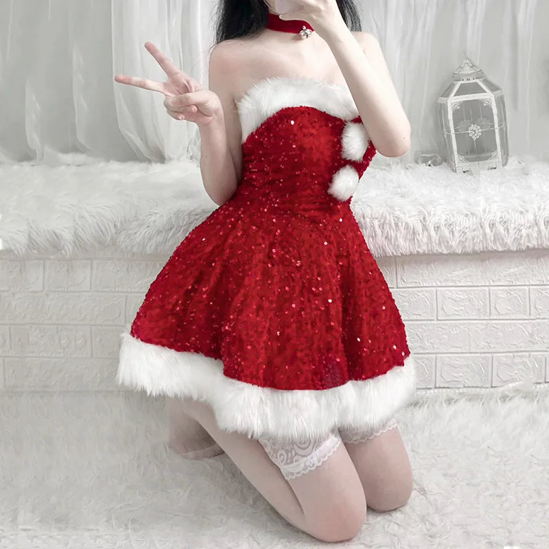 pantsparadises Christmas Costumes Christmas Dress Up Glitter Adult Christmas Clothes Strapless Clothing Set Halloween Carnival Outfit