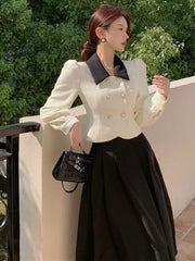 pantsparadises DRESS TO IMPRESS Spring Elegant Two Piece Set Women Casual Slim Korean Coat + Black Pleated Gothic Vintage Midi Skirt Office Lady Skirt Sets