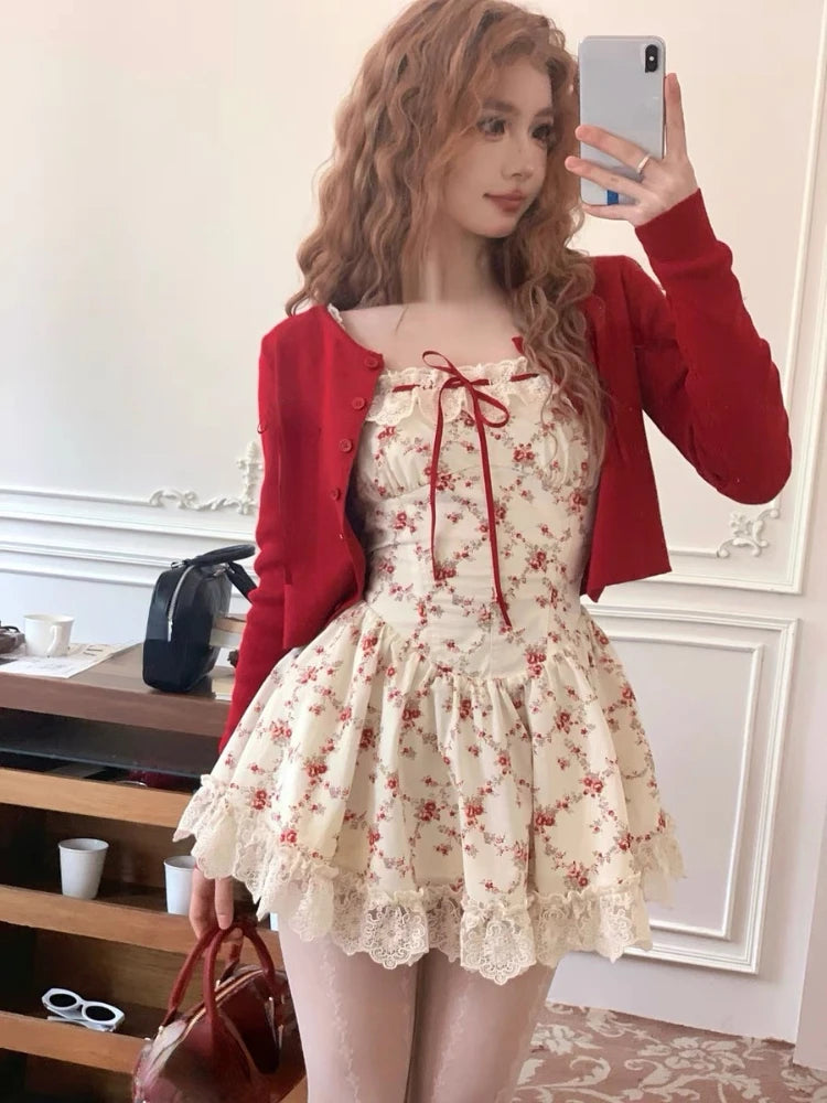 DRESS TO IMPRESS 2024 New Sweet Floral Dress Set Woman Casual Red Short Cardigan Elegant Lace Y2k Mini Dress Beach Korean Fashion Clothing Suit