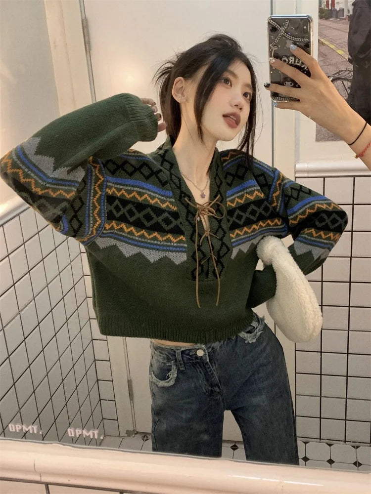 pantsparadises Vintage Sweaters Women Lace-up Elegant Cozy V-neck Trendy Ladies BF Style Pullovers Ulzzang Knitwear Classic High Street Autumn