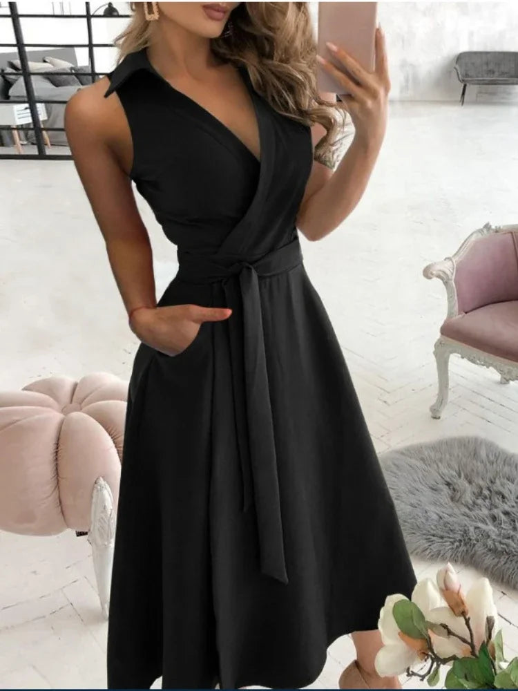 Elegant Chic Shirt Dress Summer New Fashion Sleeveless Sexy Dress V-neck Buttock Dress for Women Office Ladies Party Sundress