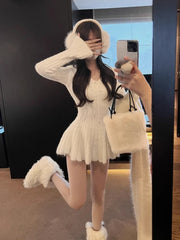 pantsparadises cute winter outfits Sweet Knitted Sweater Dress Women Casual Long Sleeve Elegant French Y2k Mini Dress Even Party Autumn Korean Fashion Chic