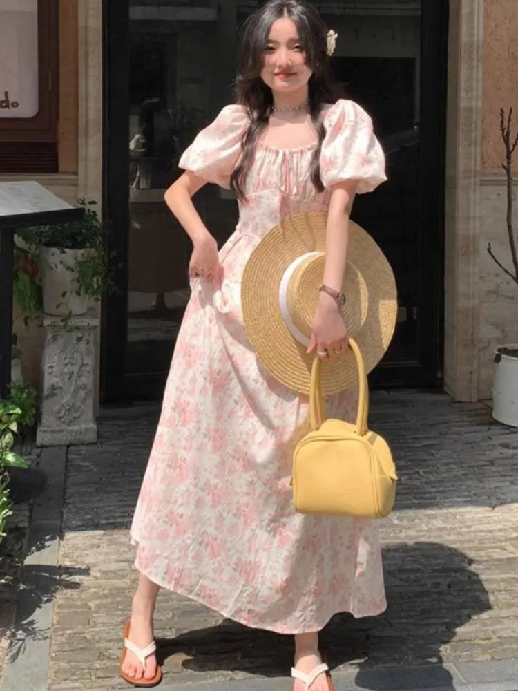 pantsparadises Summer Floral Printed Midi Dress Women Off Shoulder Puff Sleeve Fairy A-line Elegant Dresses Casual Korean Fahion Vestidos Mujer