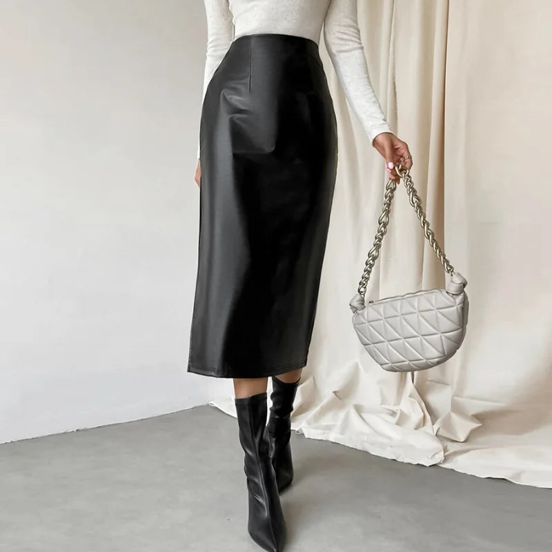 pantsparadises Black Leather Skirts Women Fashion High Waist PU Long Skirt Splits Streetwear Autumn Female Elegant Solid Office Casual