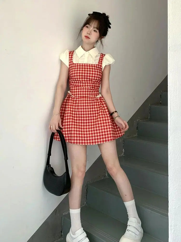 pantsparadises Y2k Coquette Kawaii Cute Plaid Shirt Dress Women Preppy Style Sweet Girls Short Party Dresses 2024 Summer Fashion