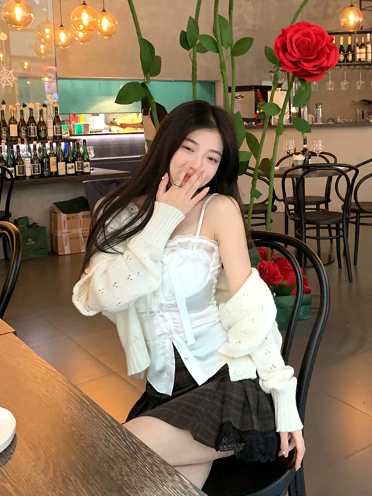 pantsparadises Summer Pure Color Lace Camis Blouse Women Casual Party Elegant Sexy Crop Tops Slim Korean Style Fashion Designer Chic Vest