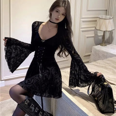 pantsparadises Y2K Black Velvet Short Dresses for Women Flare Sleeves Slim Waist Lace-up A-line Birthday Party Dress Gothic Halloween Vestidos