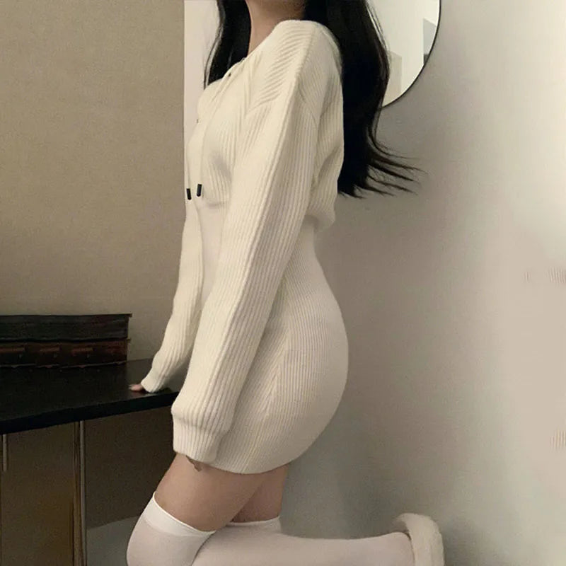 pantsparadises Sexy White Thicken Knit Mini Dress Woman Korean Elastic High Waist Bandage Dresses Women Hooded Outwear Long Sleeve Slim Dress