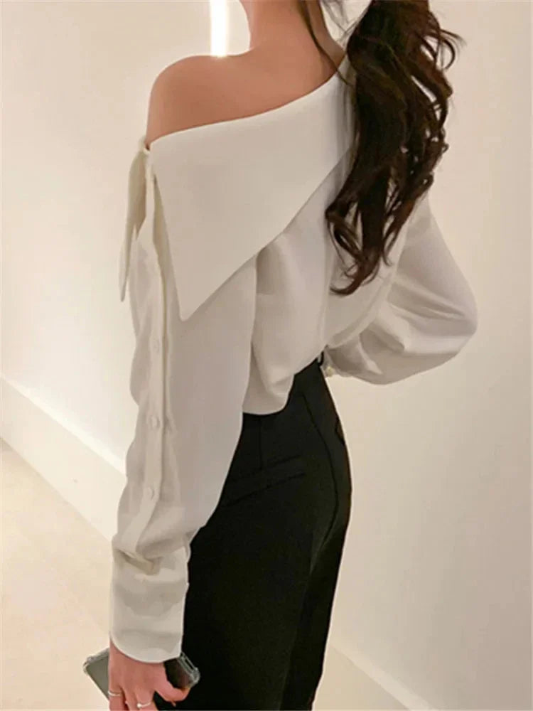 pantsparadises FALL OUTFITS Elegant Women Sexy Korean One Black Top Spring Summer Leisure Versatile Women's Off The Shoulder Long Sleeved White Blouses