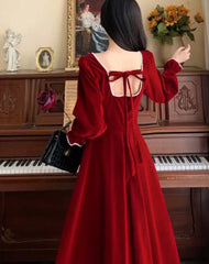 pantsparadises DRESS TO IMPRESS Women Vintage A-line Wedding Party Dress Autumn Fashion Elegant Long Sleeve Backless Red Vestidos Female Princess Robe Spring