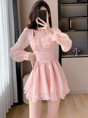 pantsparadises Women Pink Patchwork Chiffon Chic Ruffled Short Dress Spring Elegant Diamonds Kawaii Dress 2024 Korean Fashion Bodycon Vestidos