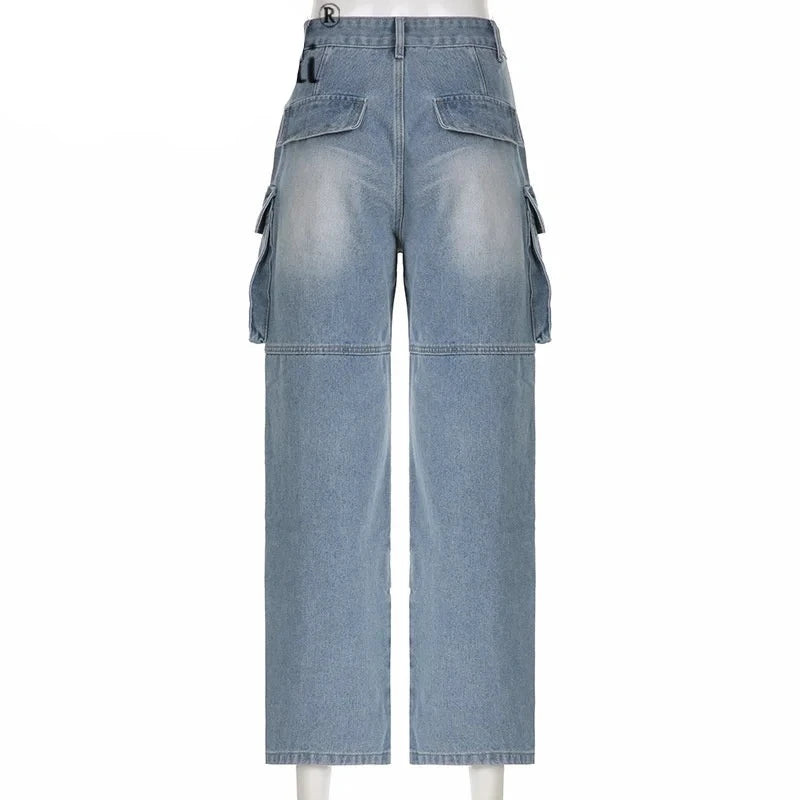 pantsparadises Fashion High Waist Multiple Pockets Splicing Straight Jeans Women Work Style Casual Denim Pants Female Loose Three-part Trousers