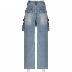 pantsparadises Fashion High Waist Multiple Pockets Splicing Straight Jeans Women Work Style Casual Denim Pants Female Loose Three-part Trousers