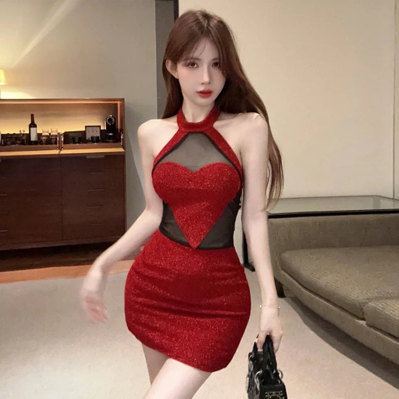 pantsparadises Sexy 3D Heart Halter Red Night Party Dress Women Summer Sweet High Waist Backless Slim Fit Sleeveless Y2k Mini Dresses