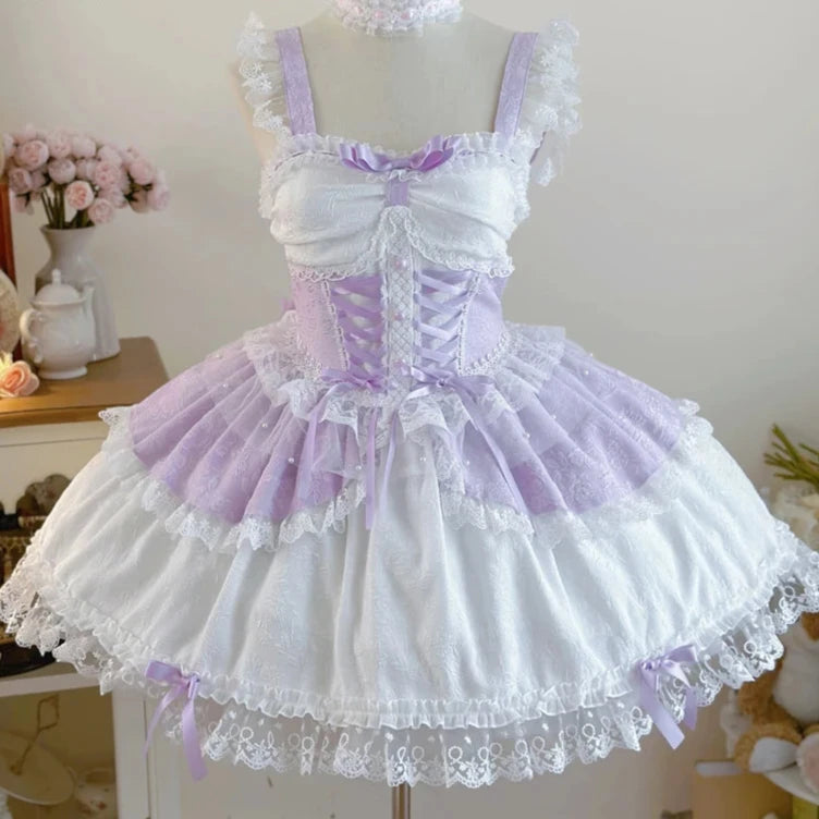 pantsparadises Japanese Sweet Lolita Jsk Dress Women Elegant Ruffles Lace Bandage Princess Strap Dresses Girls Y2k Kawaii Tea Party Mini Dress