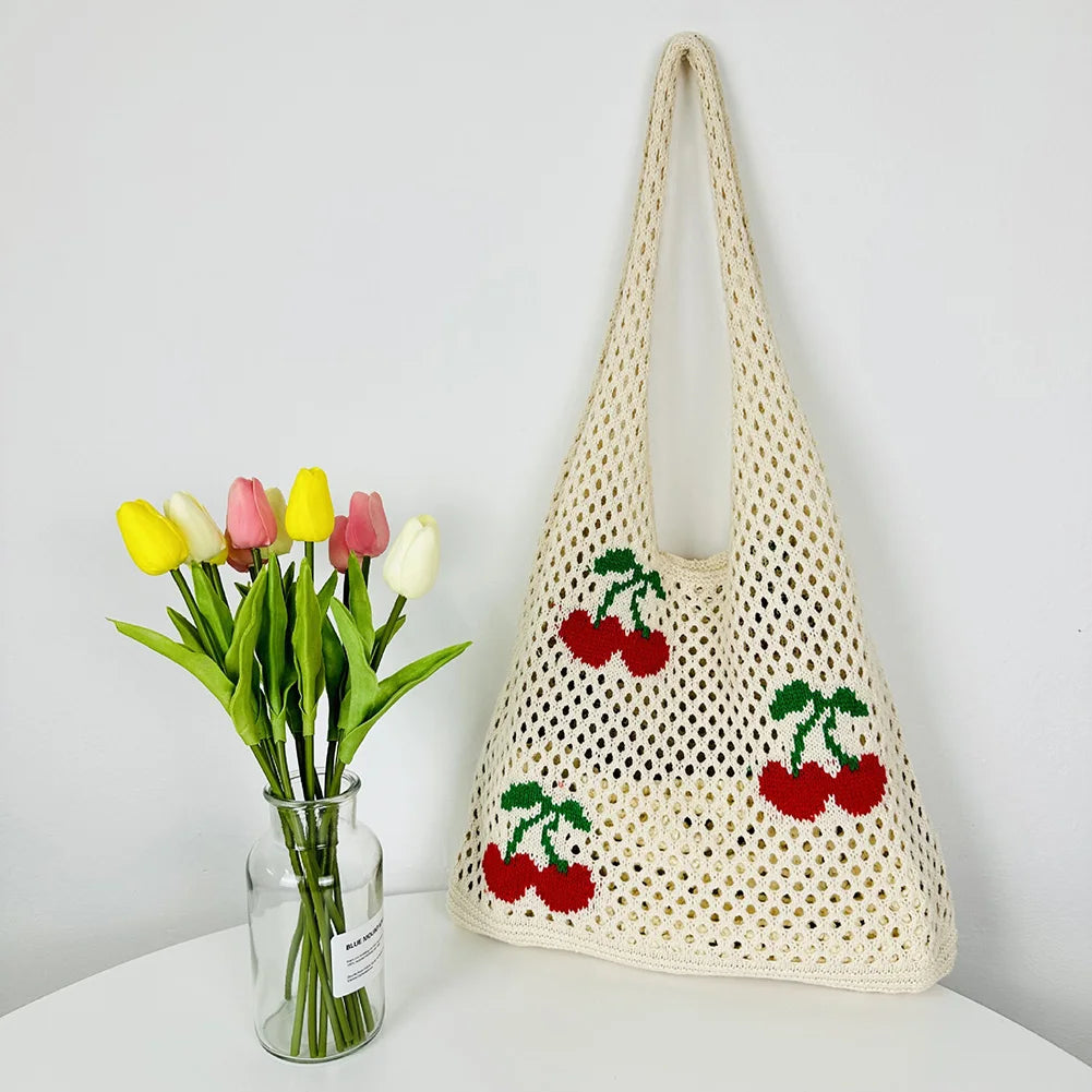 pantsparadises Cute Strawberry Cherry Crochet Shoulder Bag for Women Large Shopper Bag Casual Tote Handbags Summer Beach 2024 New Women's Bag