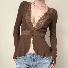 pantsparadises Fairycore Lace Patchwork Deep V-neck Top Brown Sexy Button-up Cardigan Chic Elegant Flared Long Sleeve T-shirts Y2K