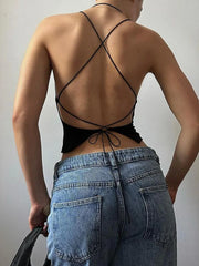 pantsparadises Sexy Slim Backless Bandage Camis Top Slim Solid V-Neck Sleeveless Crop Tops Women 2024 Summer Fashion Streetweear Ladies