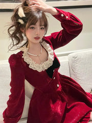 pantsparadises DRESS TO IMPRESS Autumn Red Lace Elegant Dress Women Patchwork Party Mini Dress Female Casual Korean Fashion One Piece Designer Dress New