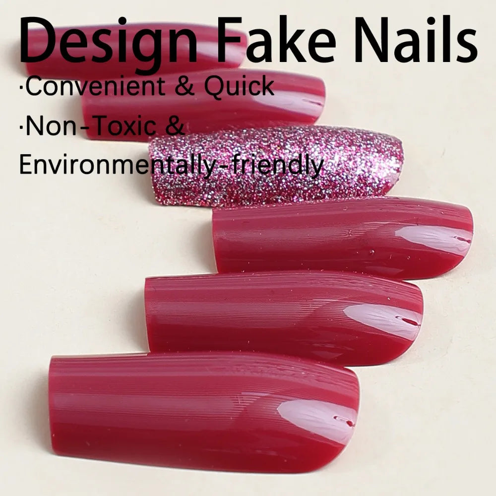 pantsparadises 24pcs Wine Red Powder Fake Nails Square Head French Ballet Nail Press on Nails Gradient False Nails Waterproof Faux Fingernails