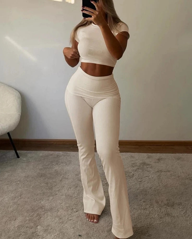 Casual Women Tracksuit 2piece Set Solid Short Sleeve Crop Tops+Flare Pants Skinny Elastic Matching Streetwear Outfits