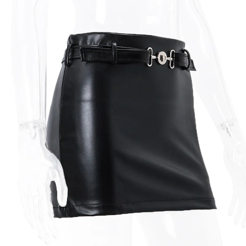 pantsparadises Sexy PU Leather Mini Skirt Women Summer High Waist Slim A-line Skirt Female Y2K Vintage All-match Casual Black