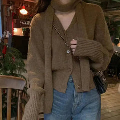 pantsparadises xmas outfits Simple Christmas Sets Knitted Cardigan Women French Chic Solid Scarf Long Sleeve V Neck Female Sweater Coat Autumn Knitwear Tops