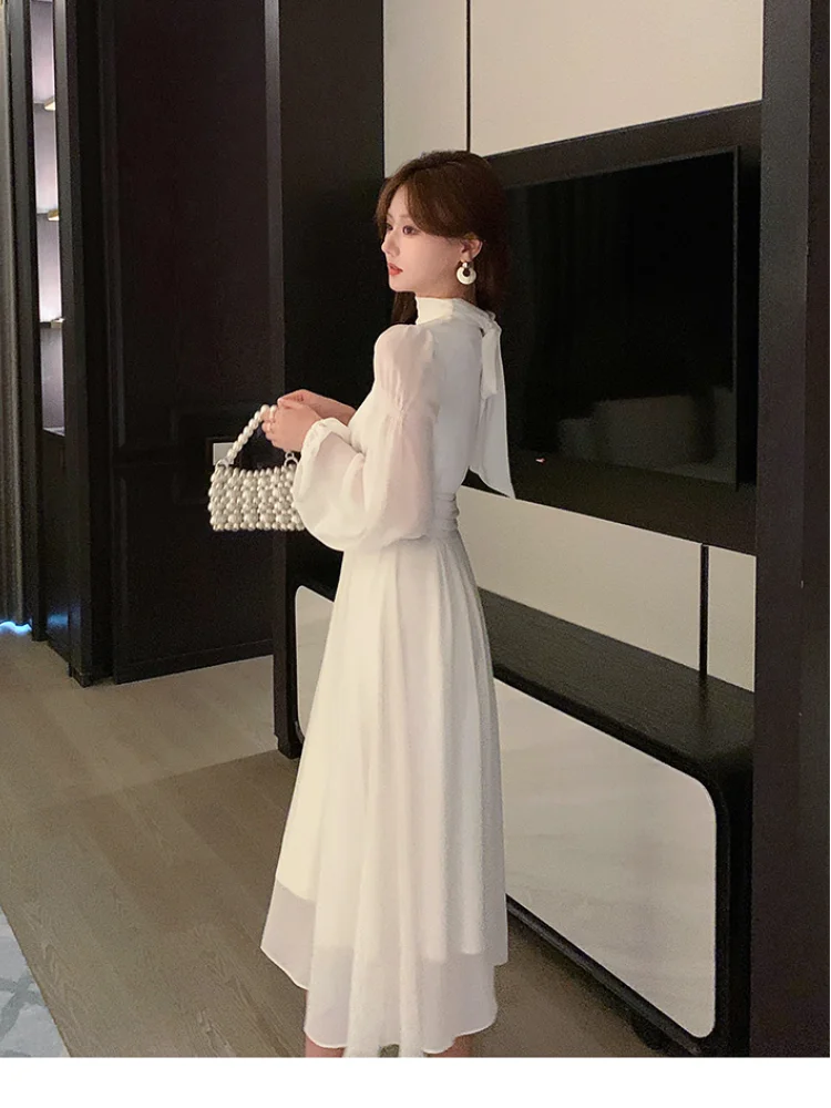 pantsparadises DRESS TO IMPRESS Spring Turtleneck White Midi Dress Women Long Sleeve French Elegant Temperament One Piece Dress Evening Party Prom Robe Female