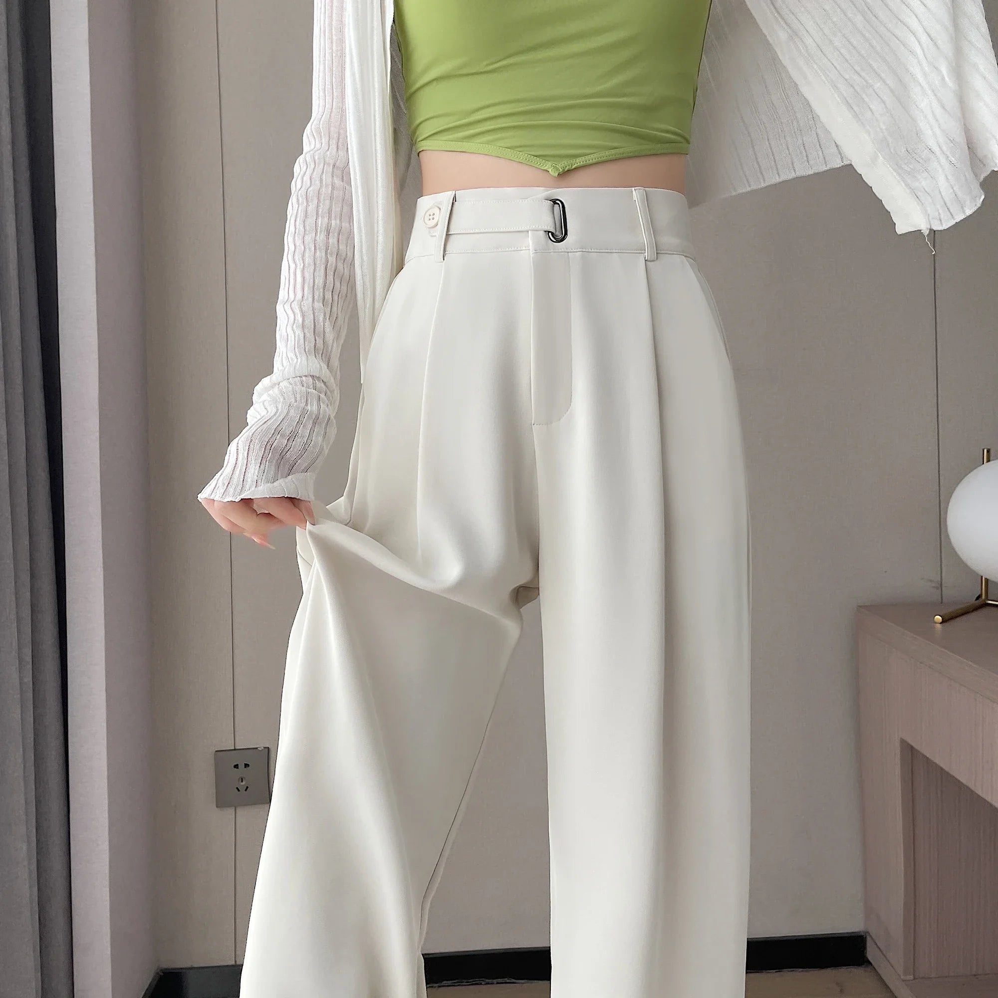 pantsparadises Summer Women's Casual Pants Wide Leg Pants Elegant Office Lady 2024 New Solid Color High Waist Loose Trousers Female