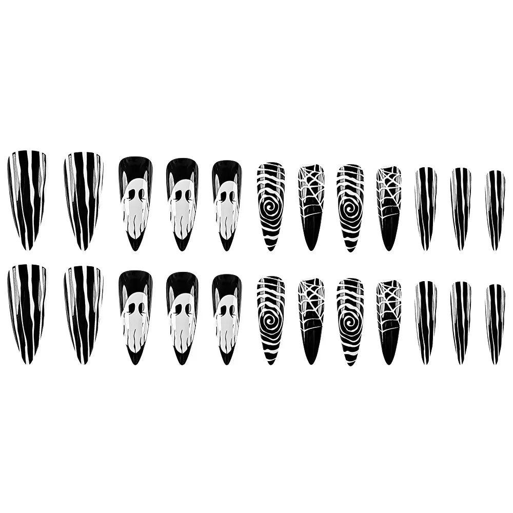 pantsparadises Halloween Nails 24pcs Black Cool False Nails with Ghost Spider Web Pattern Decor Almond Fake Nail Tips Wearable Halloween Party Press on Nails