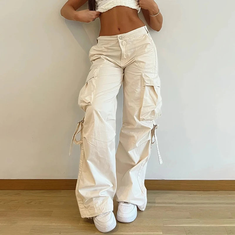 pantsparadises y2k Streetwear Pockets Cargo Pants Harajuku Low Rise Baggy Straight Pants Loose Korean Fashion Trousers Aesthetic Womens