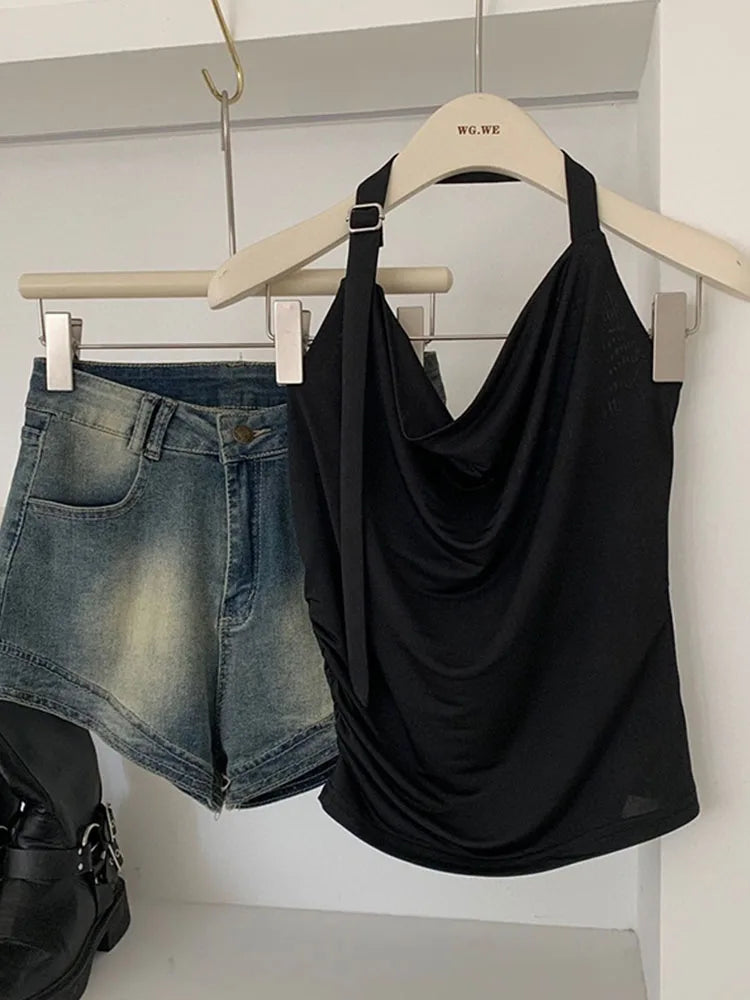 pantsparadises New Design Black Camisole Chic Vintage Sexy Style Off Shoulder Casual Vest Sleeveless Slim Crop Top Simple High Street Gothic