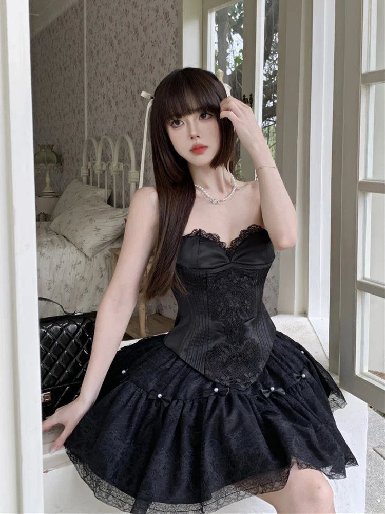 pantsparadises DRESS TO IMPRESS Women Corset Top Tulle Tutu Underskirt 3-piece Set Lace-up Boned Tube Top Bow Stitch Puffy Mini Skirt Retro Black Suit