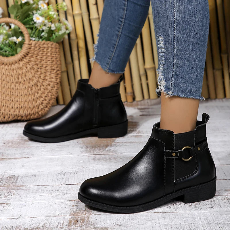 pantsparadises Pu Leather Classics Black Thick Heel Ankle Boots Metal Zipper Low Platform Woman Shoes Winter Round Toe Slip On Short Boots