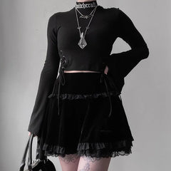 pantsparadises Women Sexy Fashion Cross Summer Embroidery Black Gothic Style Casual Party Stylish Lace Trim Mini Skirts