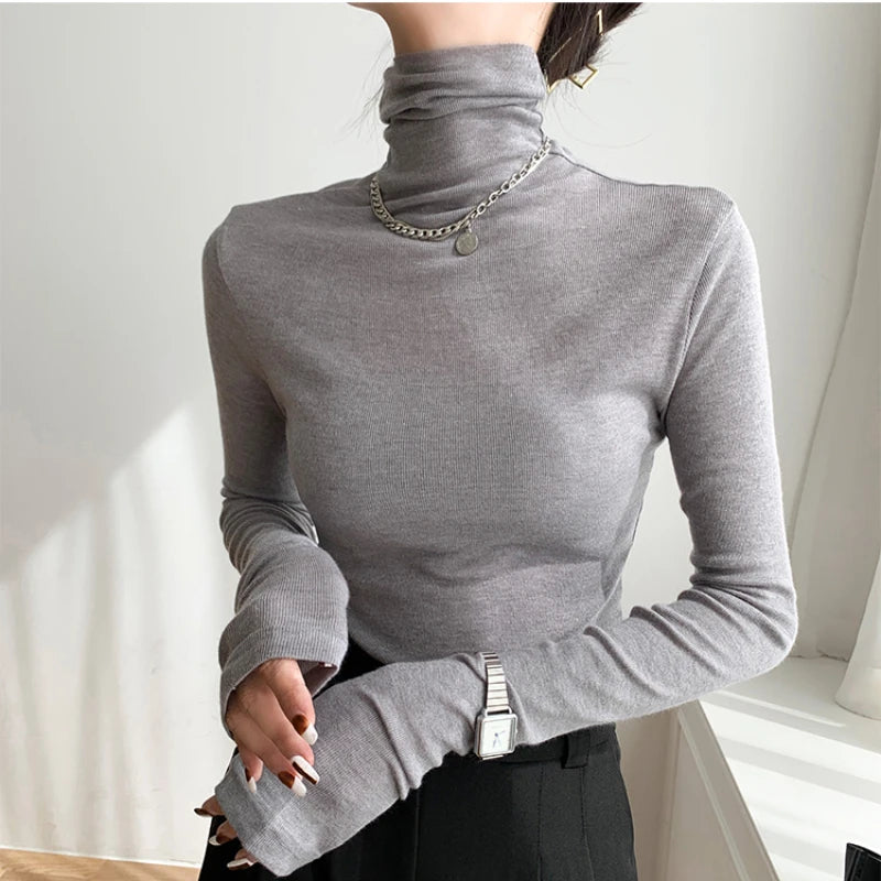 pantsparadises Turtleneck Long Sleeve Women T-shirts Autumn Winter Basic Base Shirt Woman Casual Slim Tee Shirts Female Tops