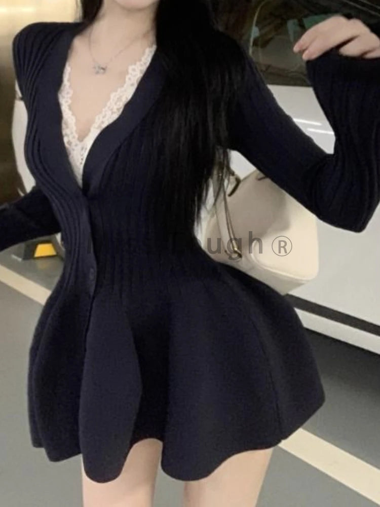 pantsparadises DRESS TO IMPRESS Winter Korean Fashion V Neck Knit Dress Women Designer Sweet Slim Sweater Dresses Female Retro Solid Y2k Knitted Dress New