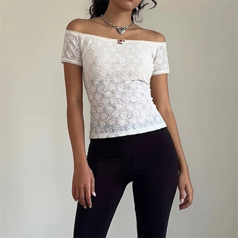 pantsparadises Lace Tops for Women Fairycore Clothing Off Shoulder Hollow Out Short Sleeve Tshirt with Little Flower Decor y2k Clothes