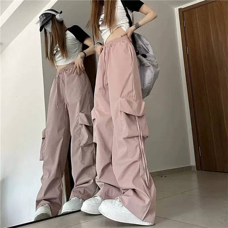 pantsparadises Hip Hop Cargo Pants Women Jazz Black Big Pockets Streetwear Trousers High Waisted Solid Fashion Harajuku Y2K Wide-Legged Pants