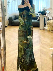 pantsparadises Elegant Vintage Green Print Dresses Y2k Skew Collar Long Sleeve Dress for Women Spring New Slim Fit Bodycon Vestidos Mujer