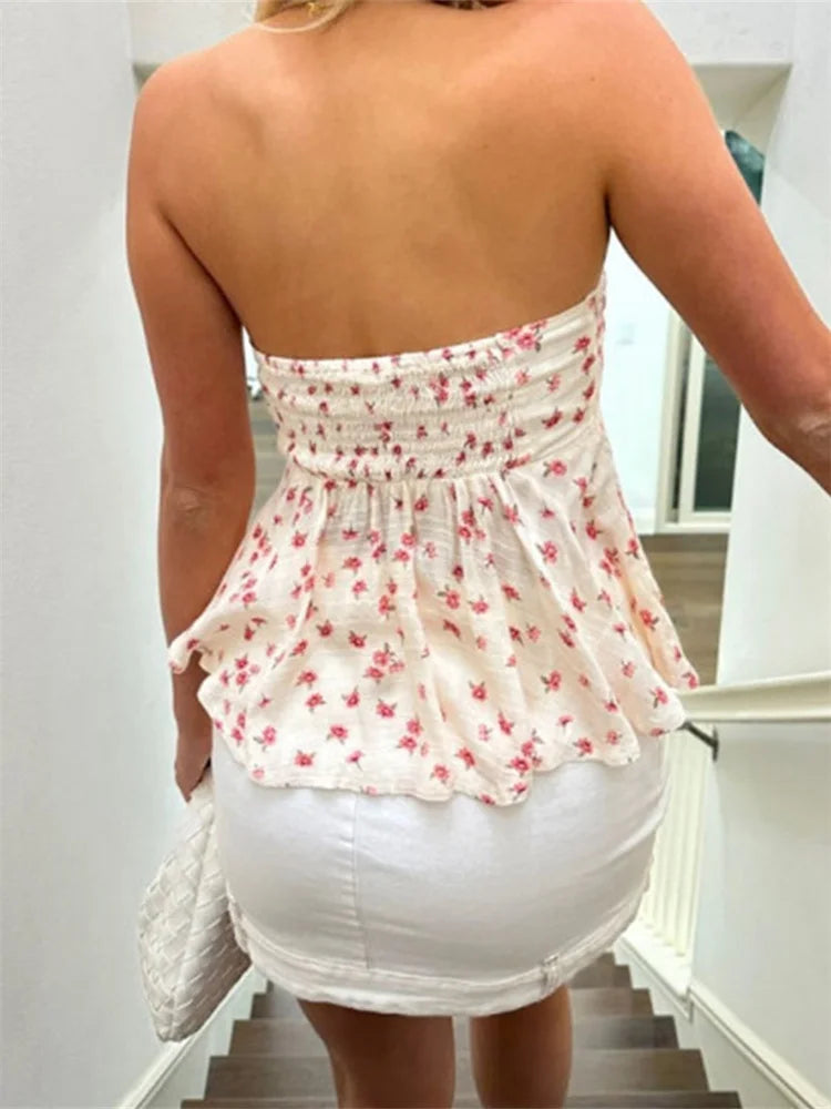 pantsparadises Strapless Off Shoulder Ruched Tube Tops Women Front Tie-up Ruffles Summer Party Clubwear Tank fLORAL pRINT Mini Vest