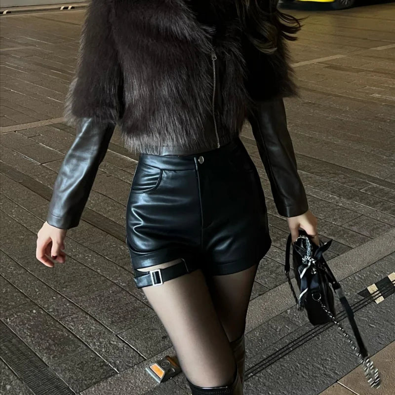 pantsparadises Sexy Black Pu Leather Shorts Women's Autumn and Winter Tight Gothic High Waist Shorts Street Fashion Y2K Hot Girl Outfit